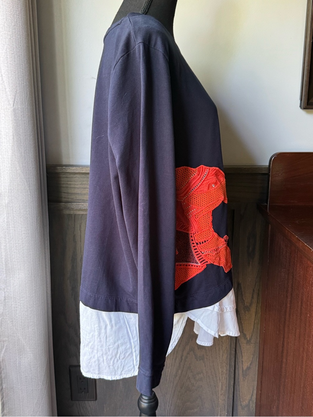 Crown&Ivy Navy Long Sleeve Top with Orange elephant and White Ruffle Hem - Picture 5 of 7